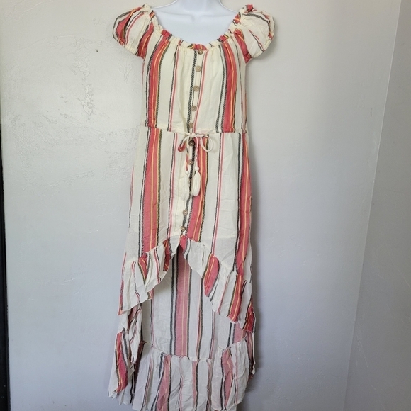 Vintage Havana Small Midi Dress High Low Hem Off the Shoulder Stripes Cream Red - Picture 1 of 9